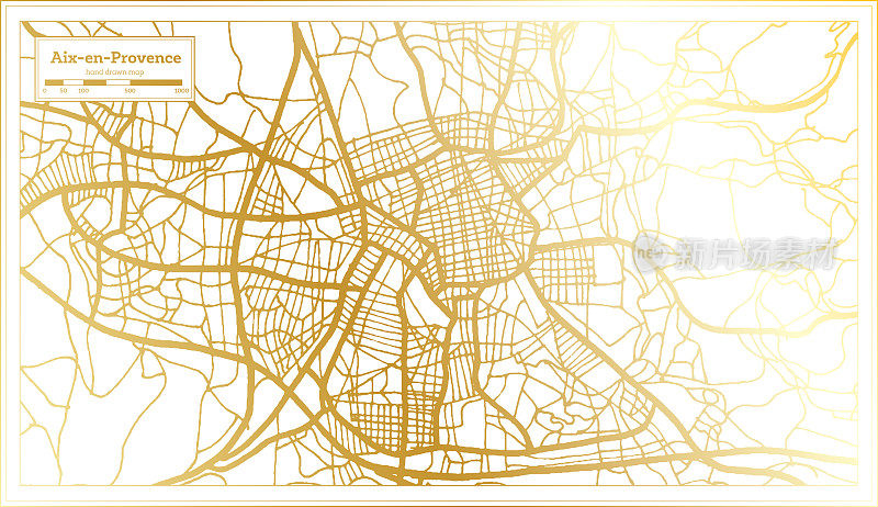 Aix en普罗旺斯法国城市地图在复古风格在金色。略图。